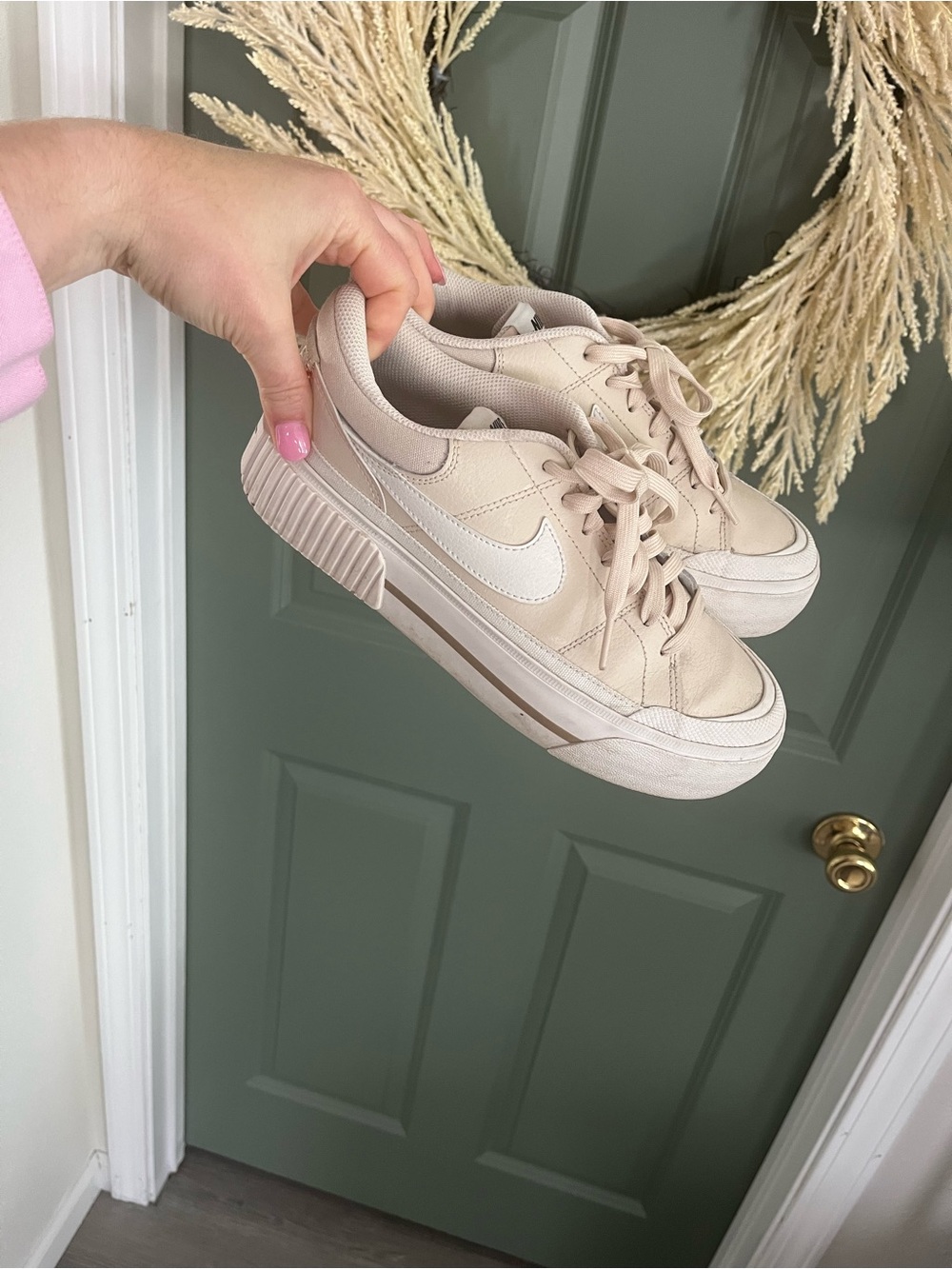 Nike Women’s Platform Sneakers in Soft Beige with White Swoosh